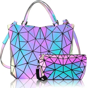 Geometric Purse for Women,Geometric Luminous Crossbody Bags and Holographic wallets Set-A