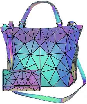 Geometric Purse Reflective Handbag Lattice Luminous Shoulder Bag Holographic Cross-Body Bag Geometry Lingge Purse for Women