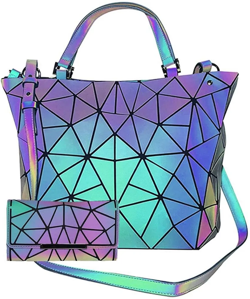 Geometric Purse Reflective Handbag Lattice Luminous Shoulder Bag Holographic Cross-Body Bag Geometry Lingge Purse for Women