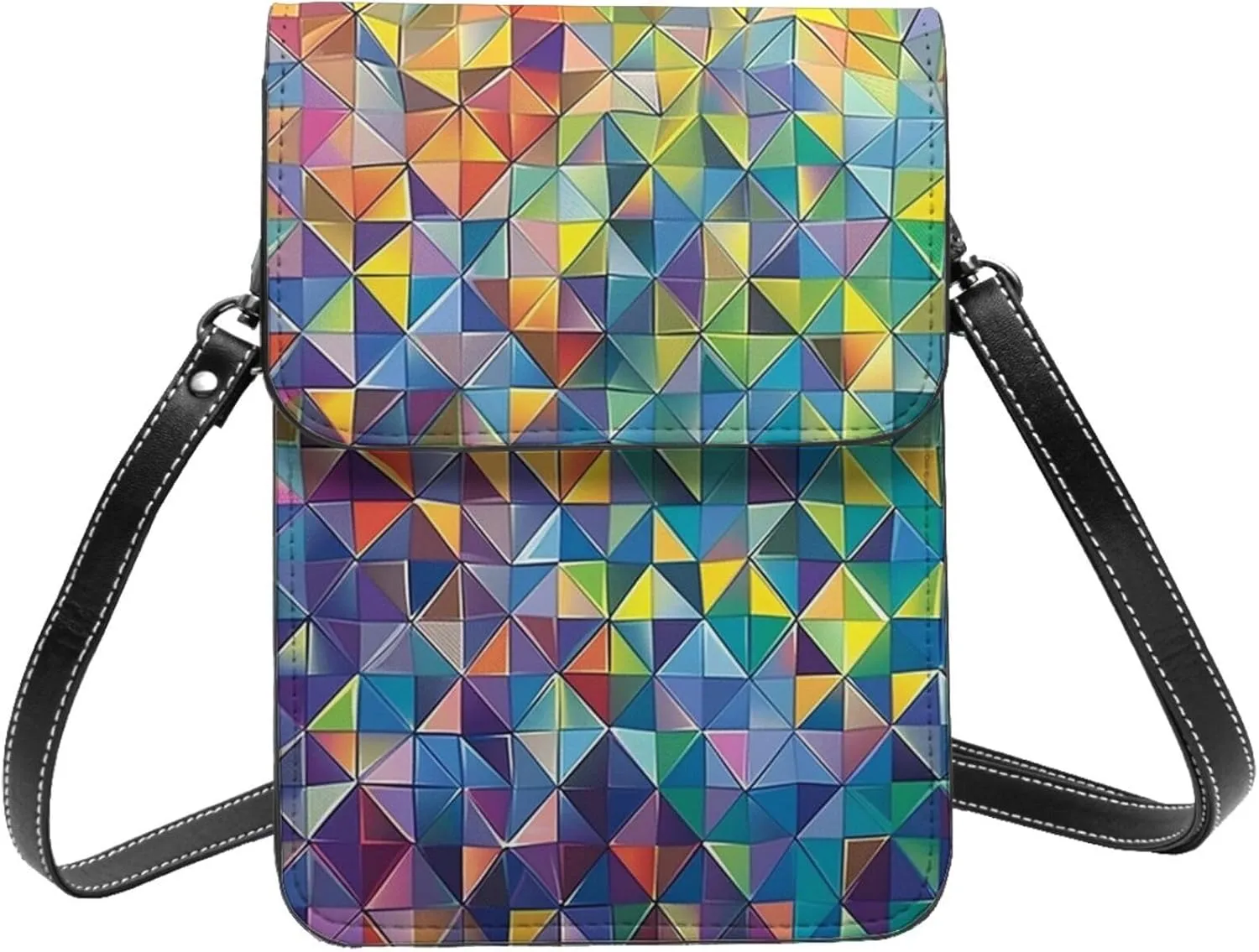 Geometric Triangles Abstract Rainbow Creative Colorful Crossbody Cell Phone Purse For Women Teen Girls Leather Small Crossbody Bag Mini Phone Pouch Purse, 7.5x5.3 Inches