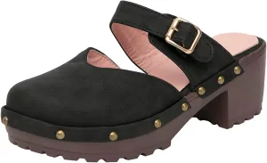 getmorebeauty Women's Chunky Heels Mules Clogs Slip-on Buckle Closed Toe Classic Rivet Platform Clogs Shoes