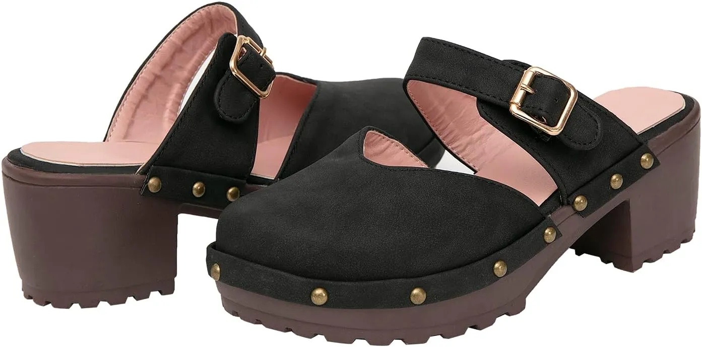 getmorebeauty Women's Chunky Heels Mules Clogs Slip-on Buckle Closed Toe Classic Rivet Platform Clogs Shoes