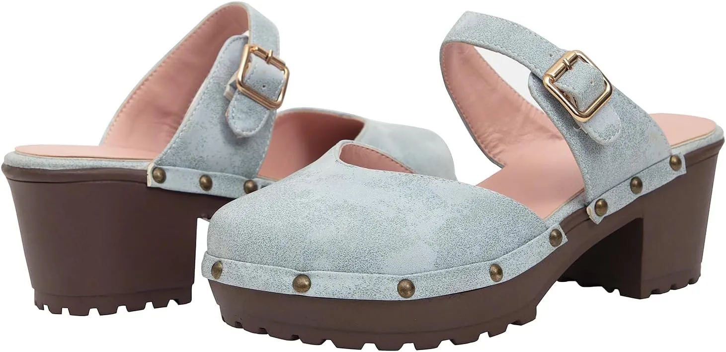 getmorebeauty Women's Chunky Heels Mules Clogs Slip-on Buckle Closed Toe Classic Rivet Platform Clogs Shoes