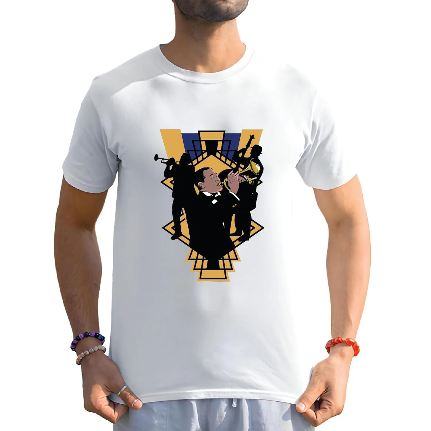 Gift for Musicians Jazz Band Twenties Style Geometric Gold Inspired Elements Men Women White Gray Multicolor T shirt