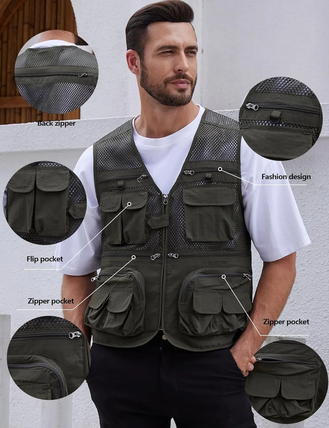 Gihuo Men's Fishing Vest Utility Safari Travel Vest with Pockets Outdoor Work Photo Cargo Fly Summer Vest