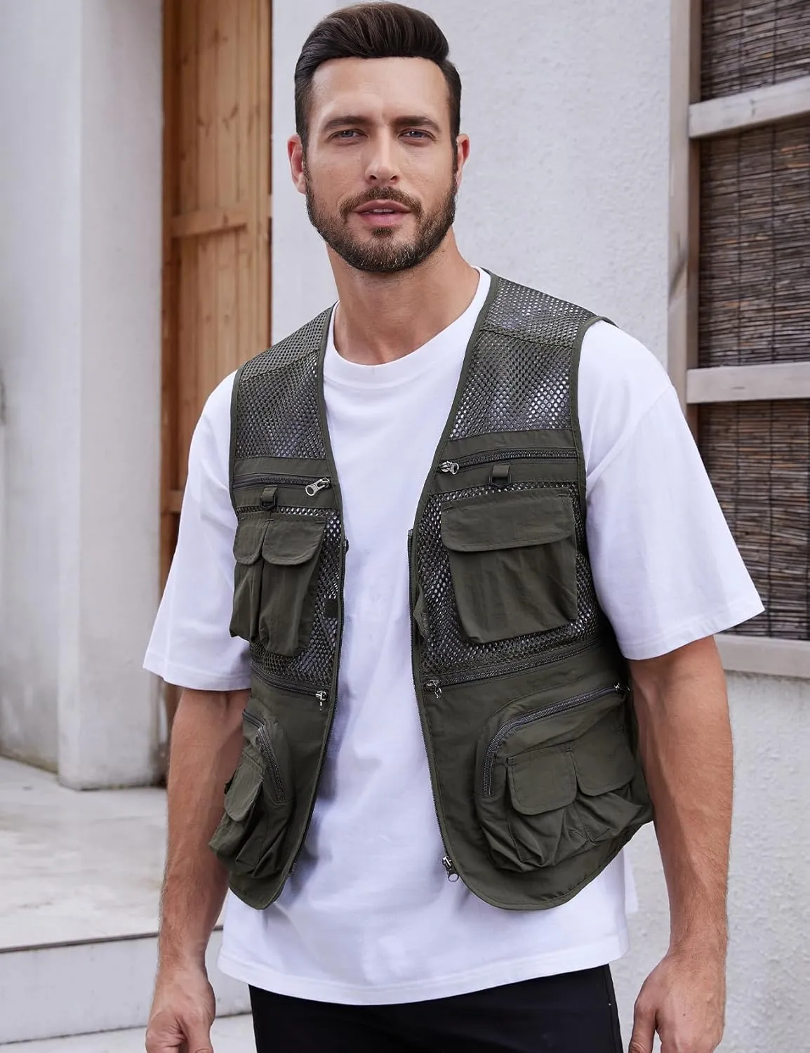 Gihuo Men's Fishing Vest Utility Safari Travel Vest with Pockets Outdoor Work Photo Cargo Fly Summer Vest