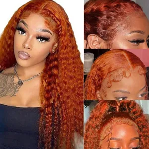 Ginger Orange Deep Wave Lace Front Wigs for Women Human Hair 13x4 HD Lace Frontal Wig Ginger Deep Curly Lace Front Wigs Human Hair 200% Density Colored Human Hair Lace Front Wigs (16 inch)