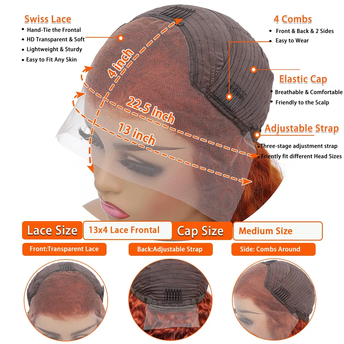 Ginger Orange Deep Wave Lace Front Wigs for Women Human Hair 13x4 HD Lace Frontal Wig Ginger Deep Curly Lace Front Wigs Human Hair 200% Density Colored Human Hair Lace Front Wigs (16 inch)