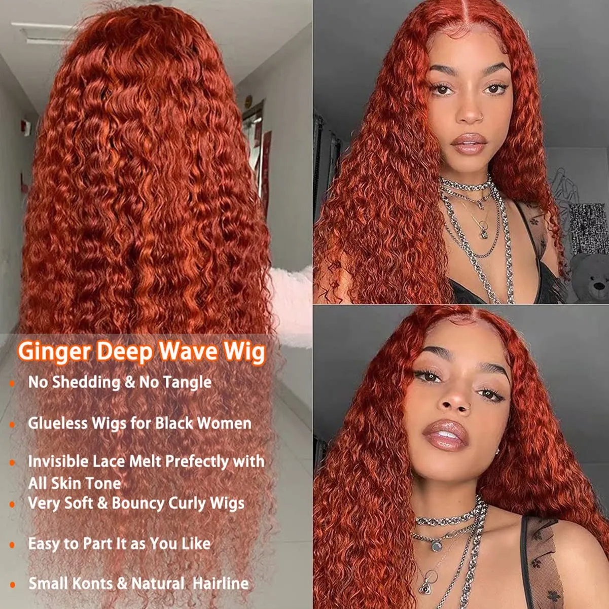 Ginger Orange Deep Wave Lace Front Wigs for Women Human Hair 13x4 HD Lace Frontal Wig Ginger Deep Curly Lace Front Wigs Human Hair 200% Density Colored Human Hair Lace Front Wigs (16 inch)