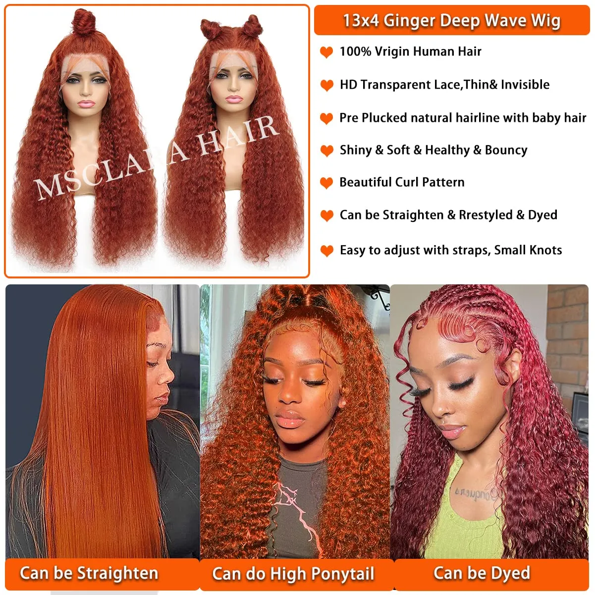 Ginger Orange Deep Wave Lace Front Wigs for Women Human Hair 13x4 HD Lace Frontal Wig Ginger Deep Curly Lace Front Wigs Human Hair 200% Density Colored Human Hair Lace Front Wigs (16 inch)