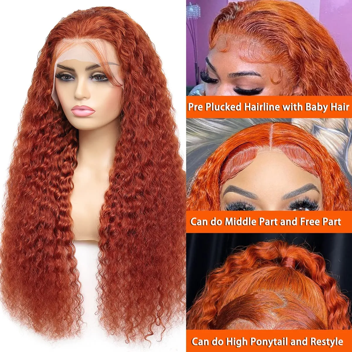 Ginger Orange Deep Wave Lace Front Wigs for Women Human Hair 13x4 HD Lace Frontal Wig Ginger Deep Curly Lace Front Wigs Human Hair 200% Density Colored Human Hair Lace Front Wigs (16 inch)