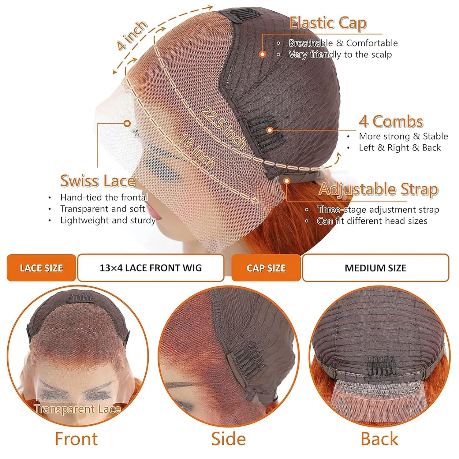 Ginger Wig Human Hair 13x4 Straight Ginger Orange Lace Front Wigs Human Hair HD Transparent Lace Frontal 350 Colored Human Hair Wig Pre Plucked With Baby Hair 180% Density 28inch