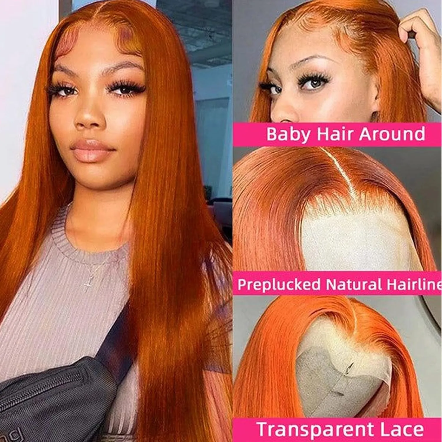 Ginger Wig Human Hair 13x4 Straight Ginger Orange Lace Front Wigs Human Hair HD Transparent Lace Frontal 350 Colored Human Hair Wig Pre Plucked With Baby Hair 180% Density 28inch