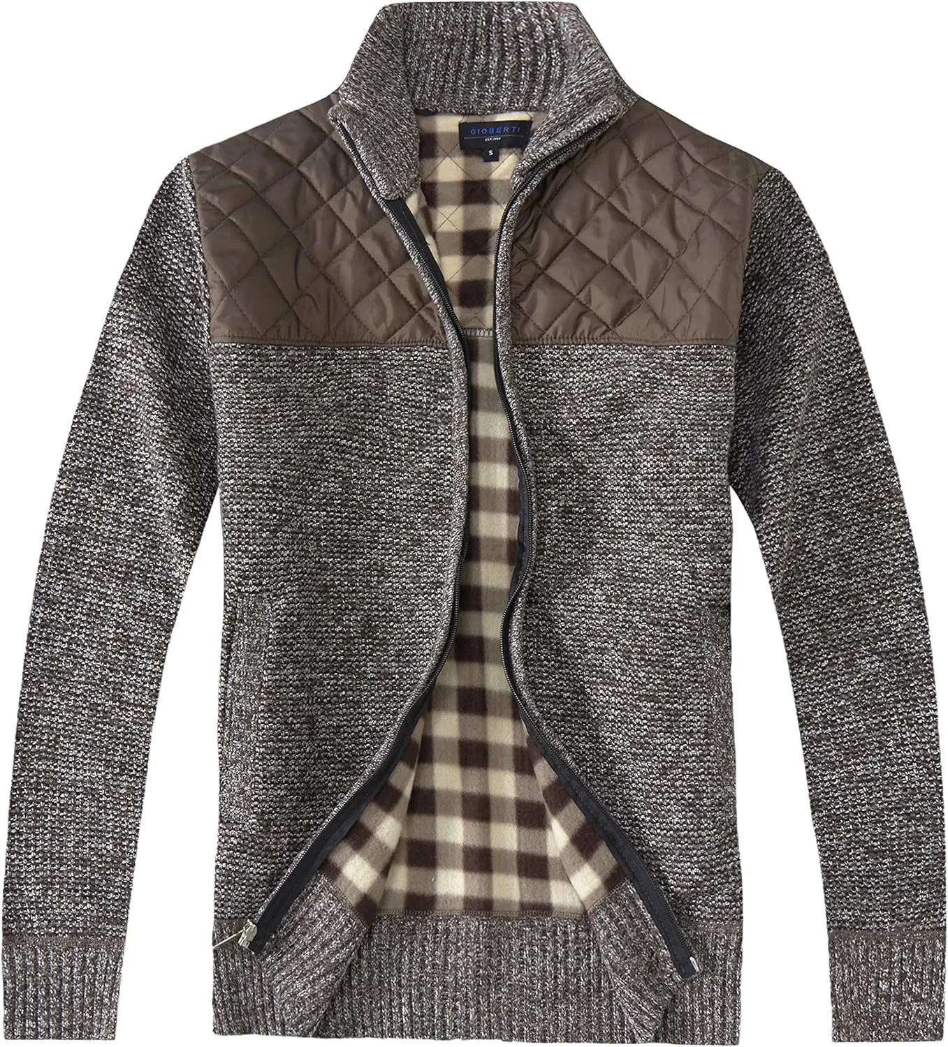 Gioberti Men's Knitted Regular Fit Full Zip Cardigan Sweater with Soft Brushed Flannel Lining