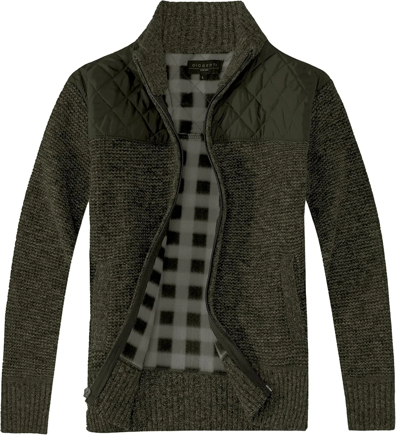 Gioberti Men's Knitted Regular Fit Full Zip Cardigan Sweater with Soft Brushed Flannel Lining