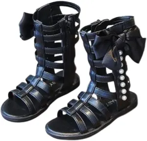 Girls Gladiator Sandals Black & White | Bowknot & Pearl, Side Zipper, Open Toe Shoe