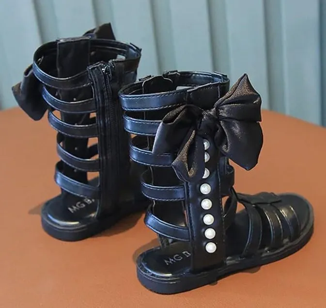 Girls Gladiator Sandals Black & White | Bowknot & Pearl, Side Zipper, Open Toe Shoe