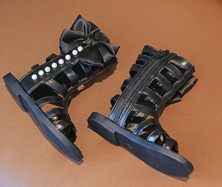 Girls Gladiator Sandals Black & White | Bowknot & Pearl, Side Zipper, Open Toe Shoe