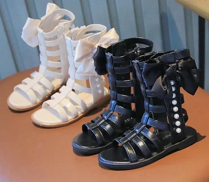 Girls Gladiator Sandals Black & White | Bowknot & Pearl, Side Zipper, Open Toe Shoe