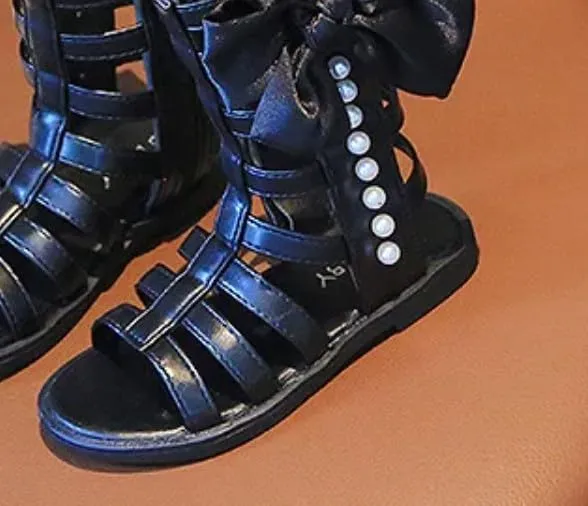 Girls Gladiator Sandals Black & White | Bowknot & Pearl, Side Zipper, Open Toe Shoe