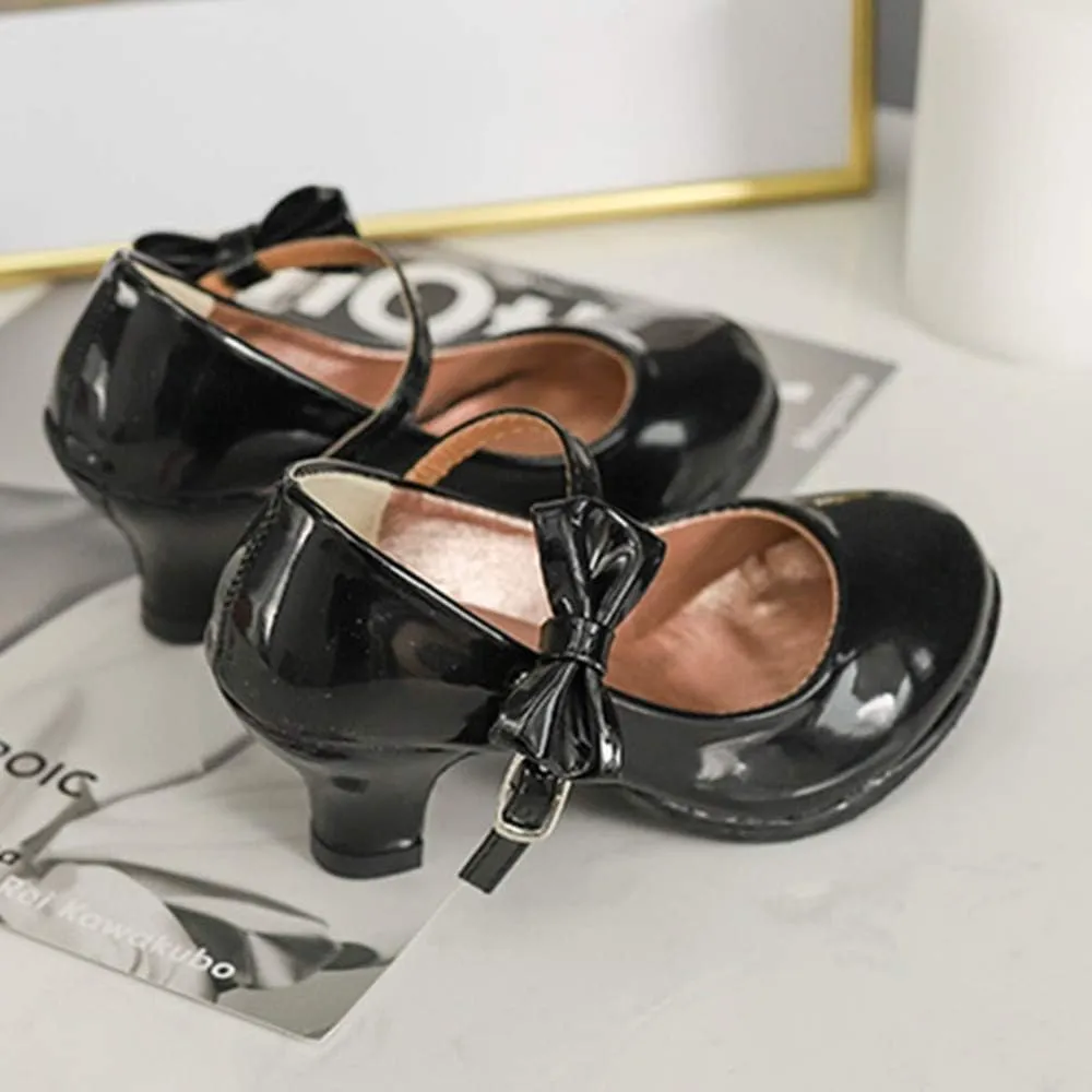 Girls PU Leather High Heel Shoes Bowknot Girls Dress Shoes