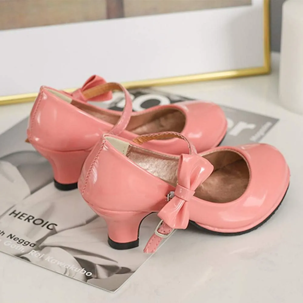Girls PU Leather High Heel Shoes Bowknot Girls Dress Shoes