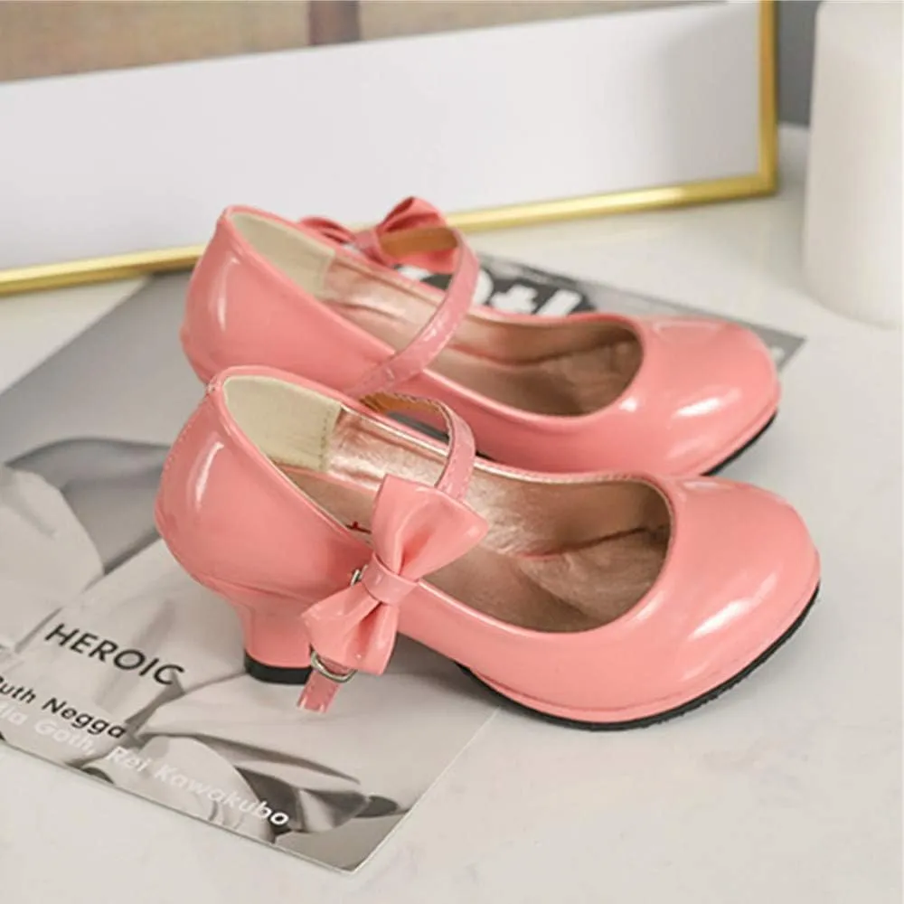 Girls PU Leather High Heel Shoes Bowknot Girls Dress Shoes