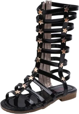 Girls Summer Knee High Rivet Gladiator Sandals Strappy Beach Roman Shoes with Side Zipper