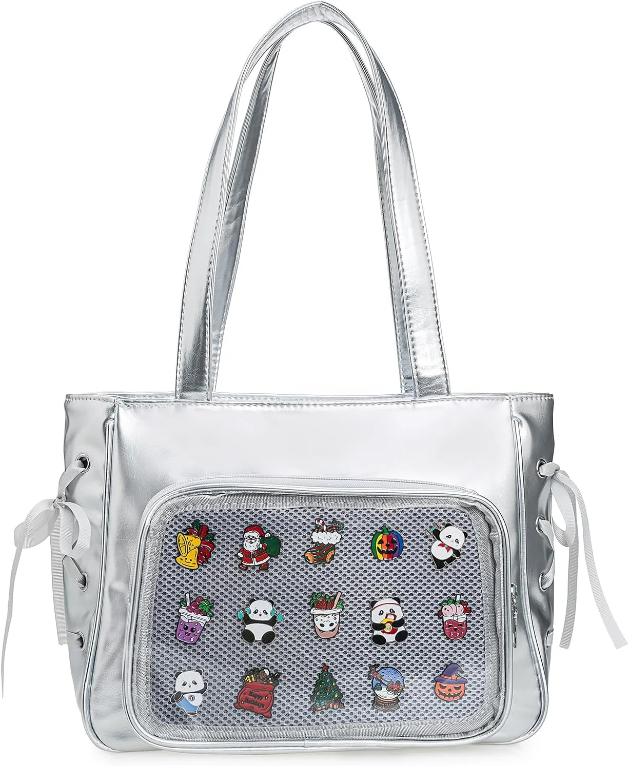Girls Tote Ita Bag Bowknot Silk Ribbon PU Leather Shoulder Bag Kawaii Purses and Handbags with Pin Insert