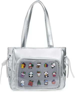 Girls Tote Ita Bag Bowknot Silk Ribbon PU Leather Shoulder Bag Kawaii Purses and Handbags with Pin Insert