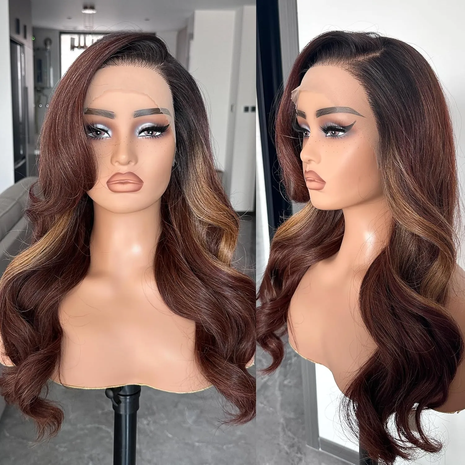 Glueless Lace Front Wig, 13X6 Synthetic HD Lace Front Wigs Body Wave Pre Plucked Highlights Ombre Flamboyage Chocolate Brown Natural Density Hairline Synthetic Lace Front Wigs For Black Women
