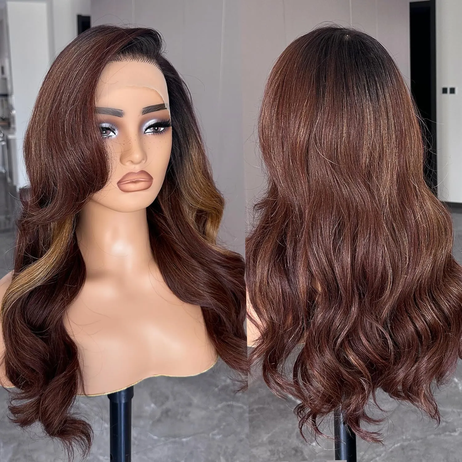 Glueless Lace Front Wig, 13X6 Synthetic HD Lace Front Wigs Body Wave Pre Plucked Highlights Ombre Flamboyage Chocolate Brown Natural Density Hairline Synthetic Lace Front Wigs For Black Women