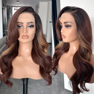 Glueless Lace Front Wig, 13X6 Synthetic HD Lace Front Wigs Body Wave Pre Plucked Highlights Ombre Flamboyage Chocolate Brown Natural Density Hairline Synthetic Lace Front Wigs For Black Women