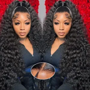 Glueless Wigs Human Hair Pre Plucked Pre Cut Wear and Go Glueless Wig 13x4 HD Deep Wave Lace Front Wigs Human Hair for Black Women Frontal Wigs with Natural Hairline 180% Density 32 Inch