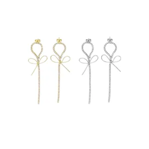 Gold Silver CZ Link Bowknot Long Dangle Stud Earrings, Sku#LX375