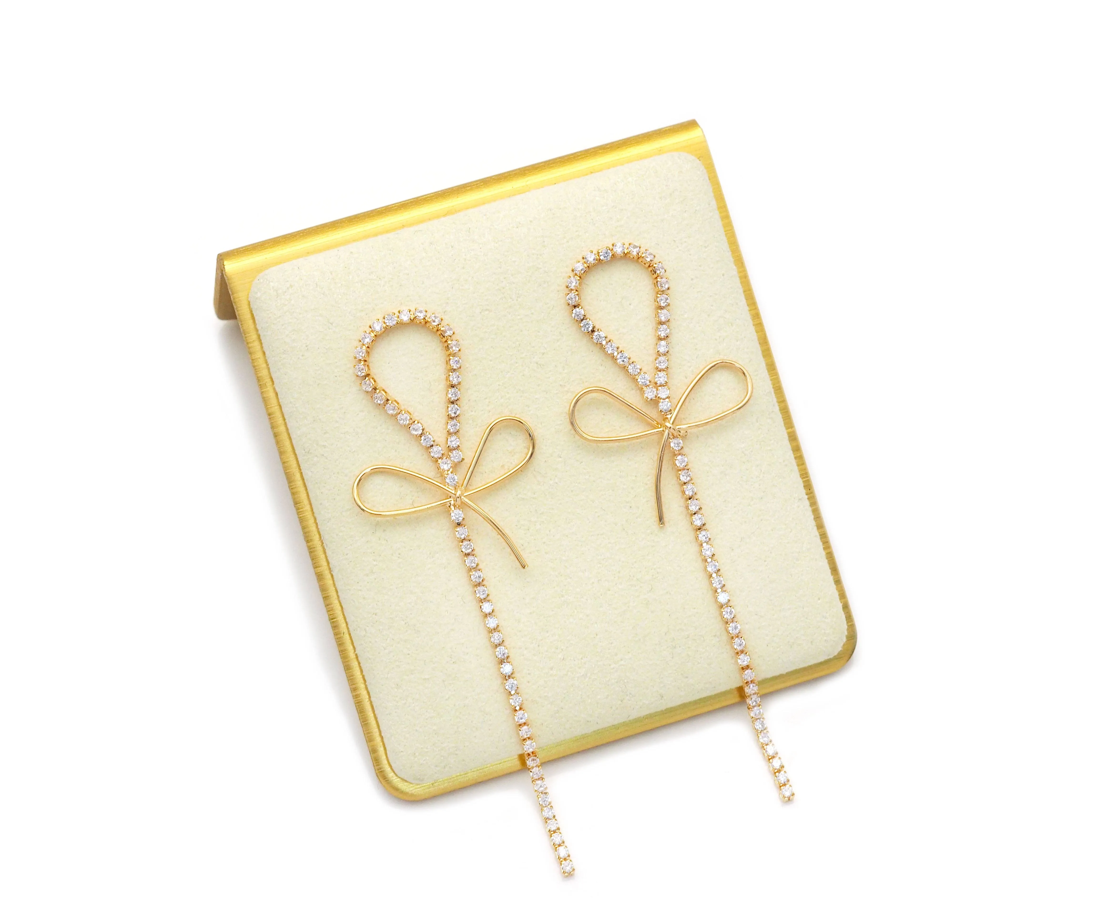 Gold Silver CZ Link Bowknot Long Dangle Stud Earrings, Sku#LX375