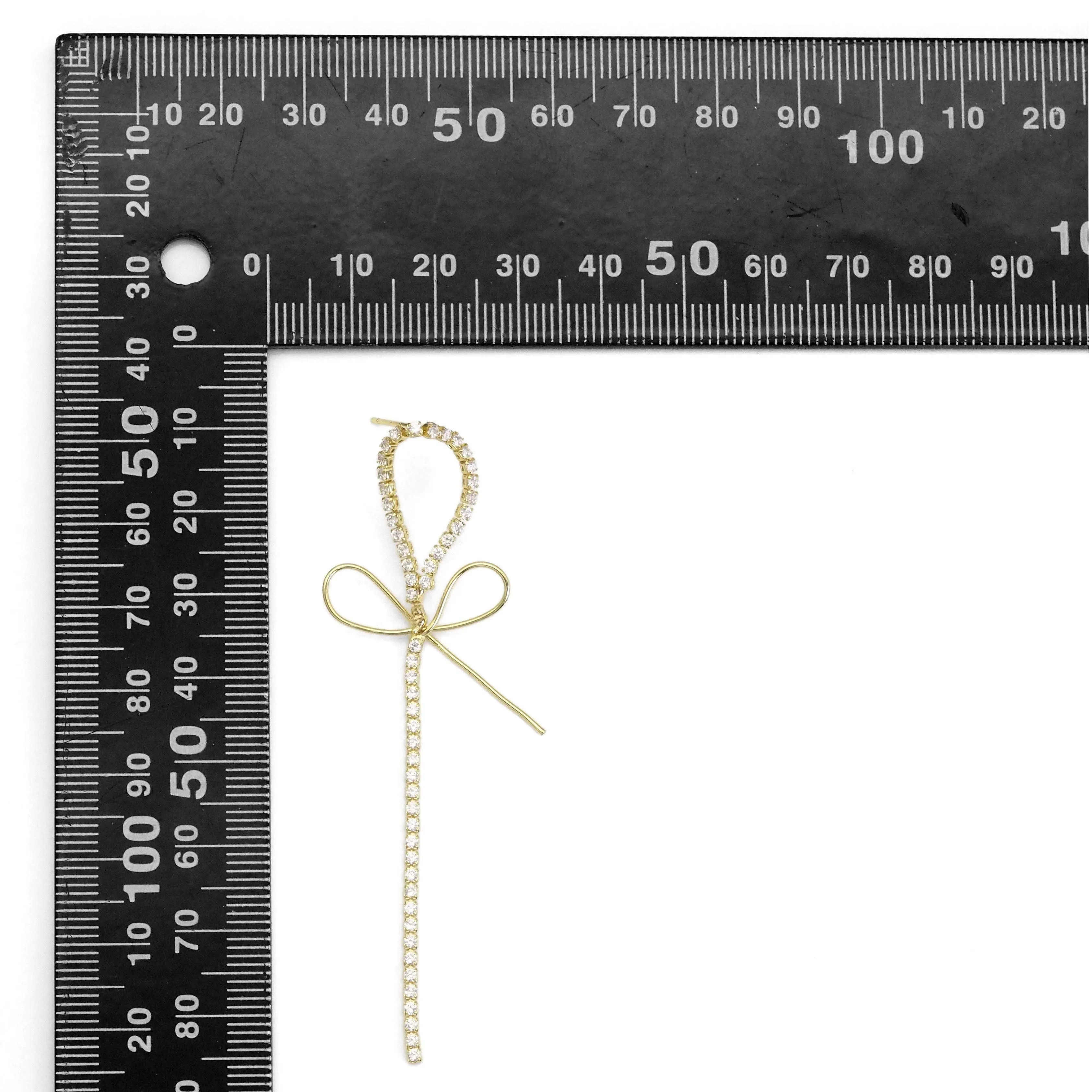 Gold Silver CZ Link Bowknot Long Dangle Stud Earrings, Sku#LX375