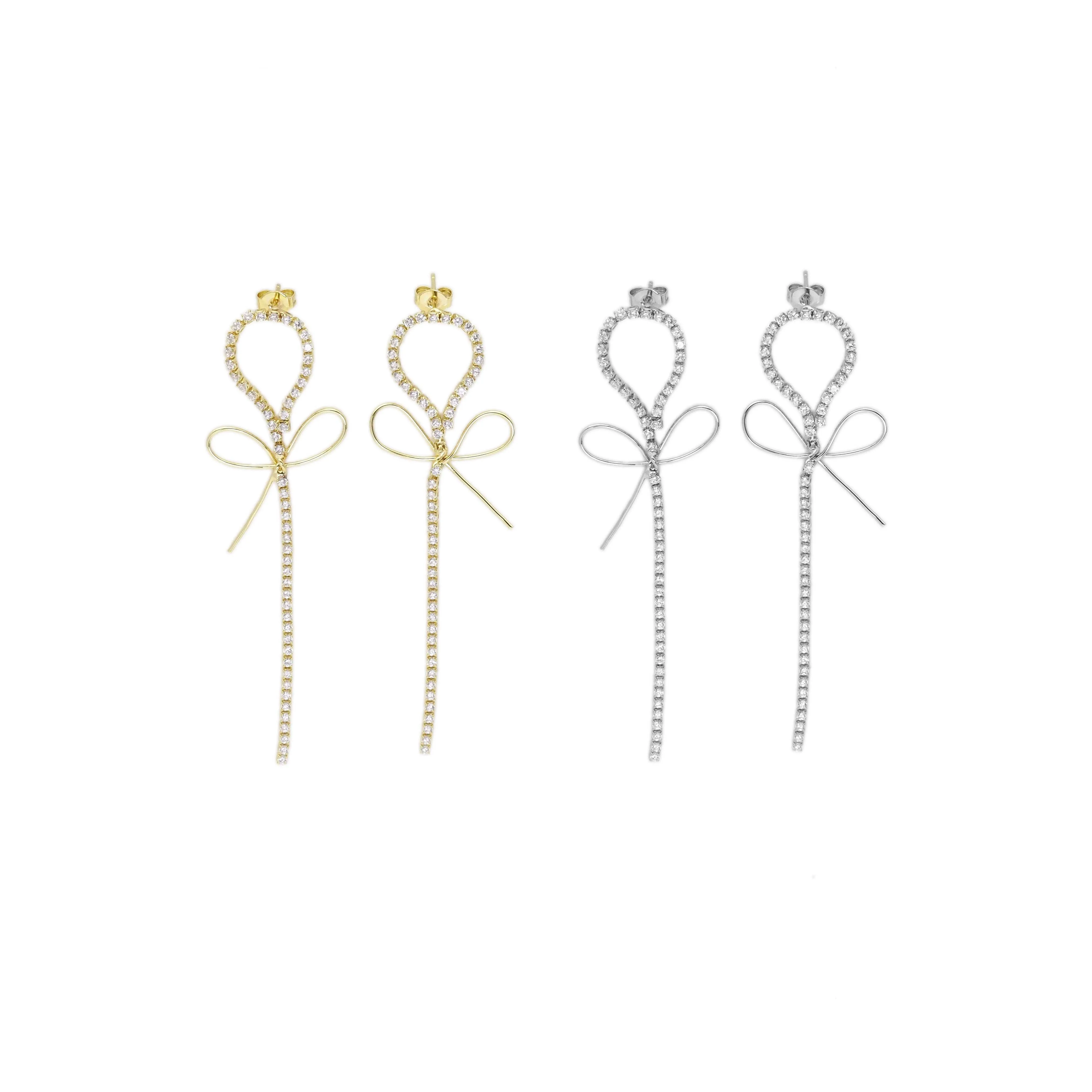 Gold Silver CZ Link Bowknot Long Dangle Stud Earrings, Sku#LX375