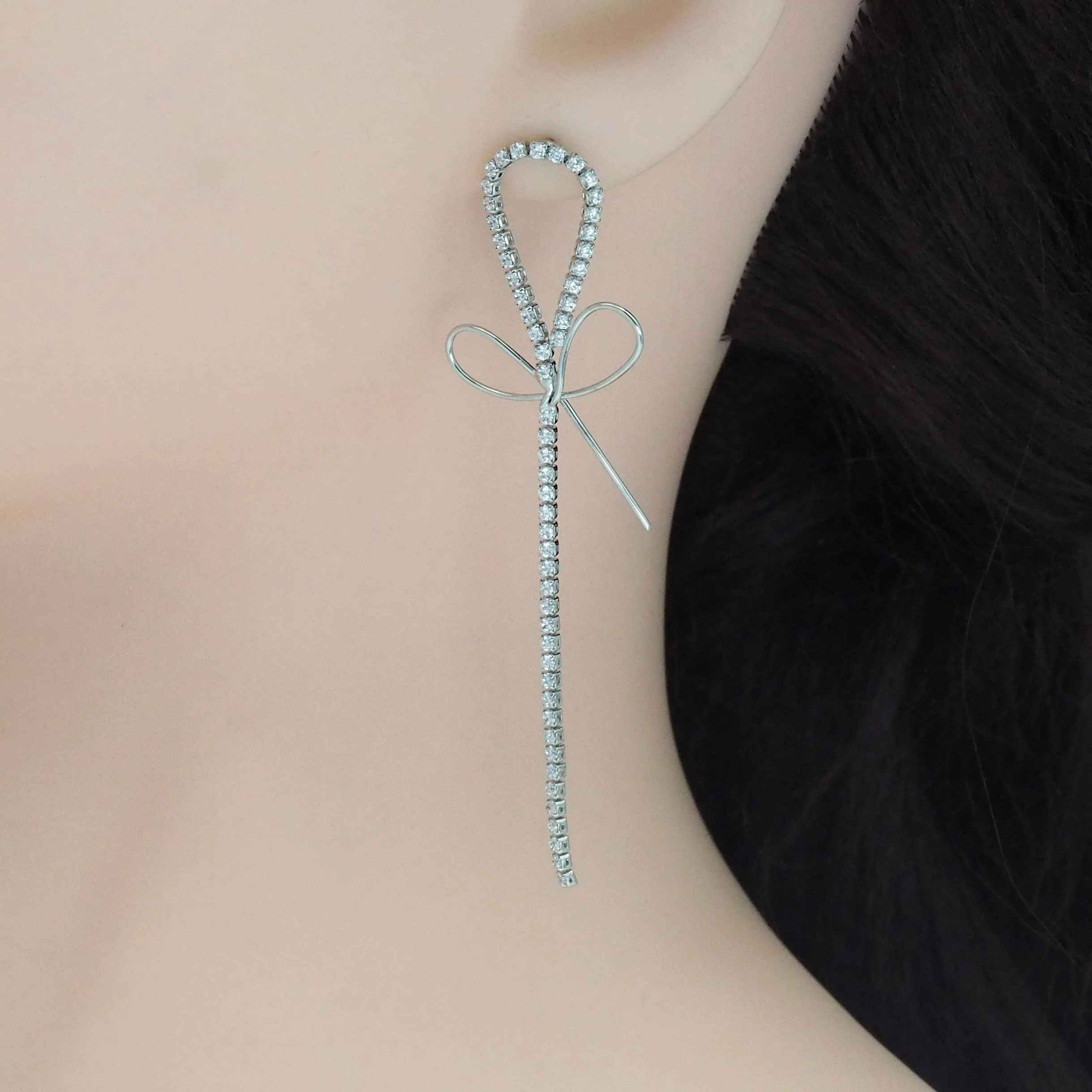 Gold Silver CZ Link Bowknot Long Dangle Stud Earrings, Sku#LX375