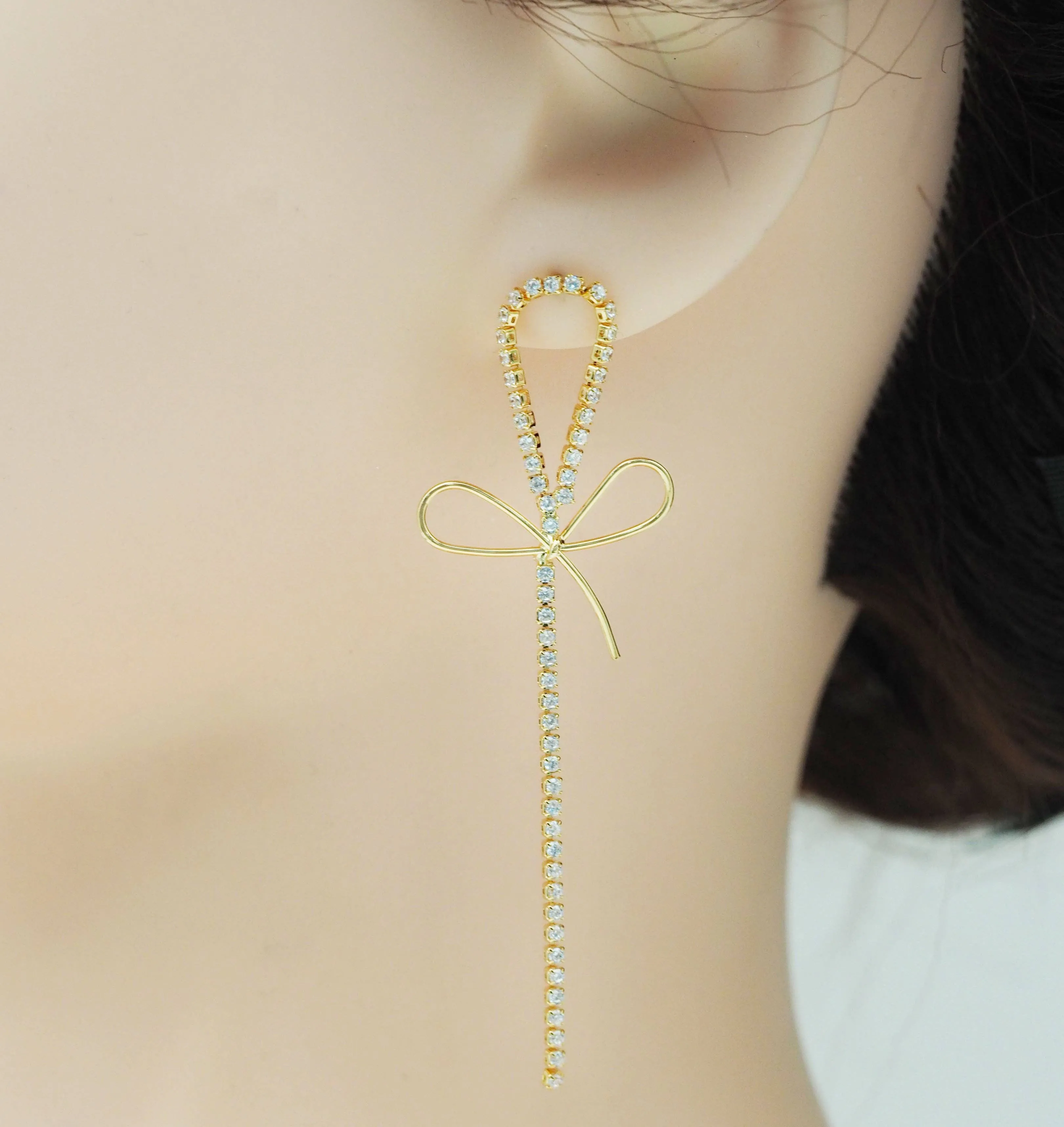 Gold Silver CZ Link Bowknot Long Dangle Stud Earrings, Sku#LX375
