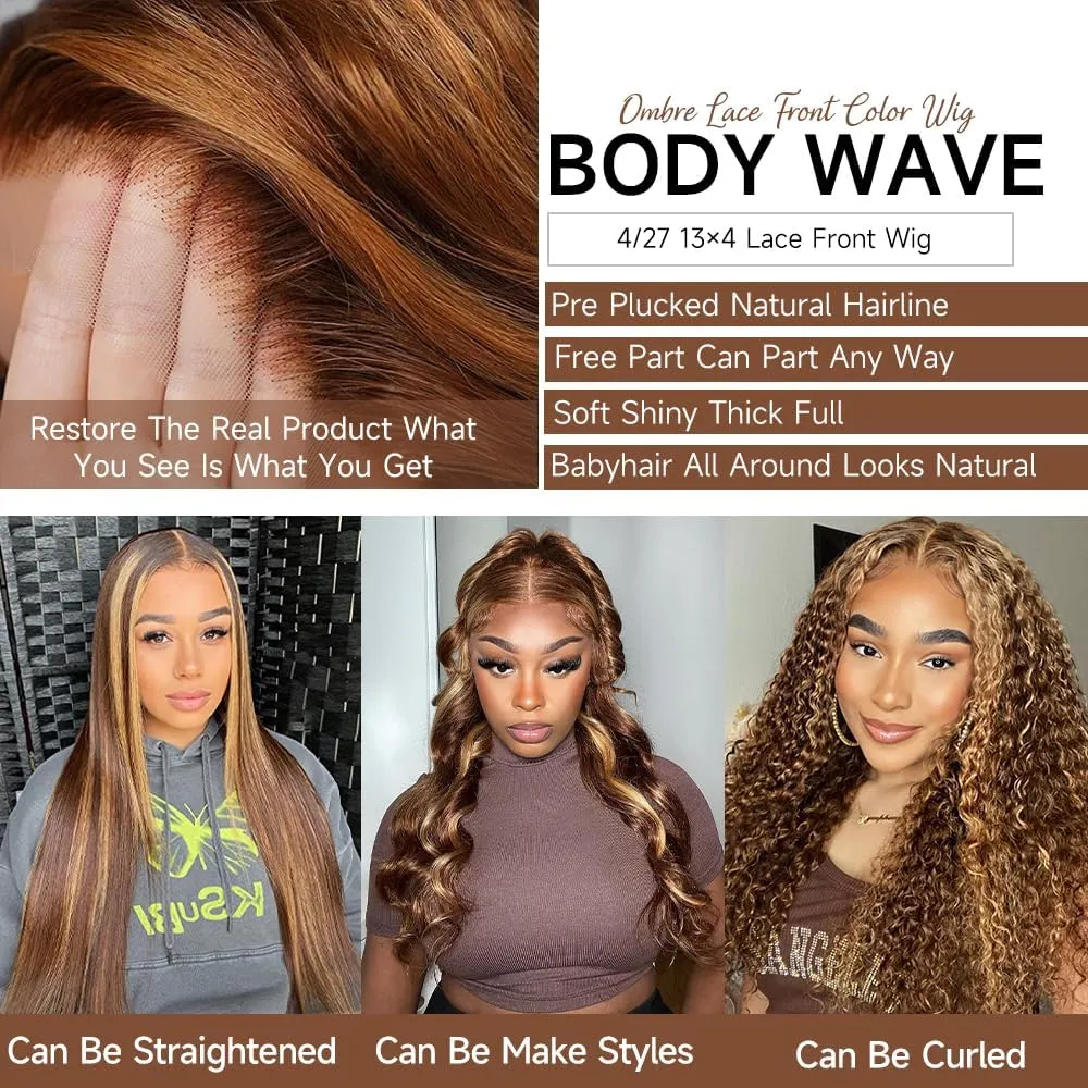 Goldfinch Highlight Ombre Lace Front Wigs Body Wave Human Hair 24 Inch 4/27 Balayage Honey Blonde 13X4 HD Lace Front Human Hair Wigs Pre Plucked with Baby Hair 180% Density Glueless Wigs for Women