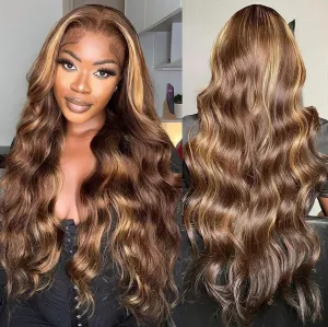 Goldfinch Highlight Ombre Lace Front Wigs Body Wave Human Hair 24 Inch 4/27 Balayage Honey Blonde 13X4 HD Lace Front Human Hair Wigs Pre Plucked with Baby Hair 180% Density Glueless Wigs for Women