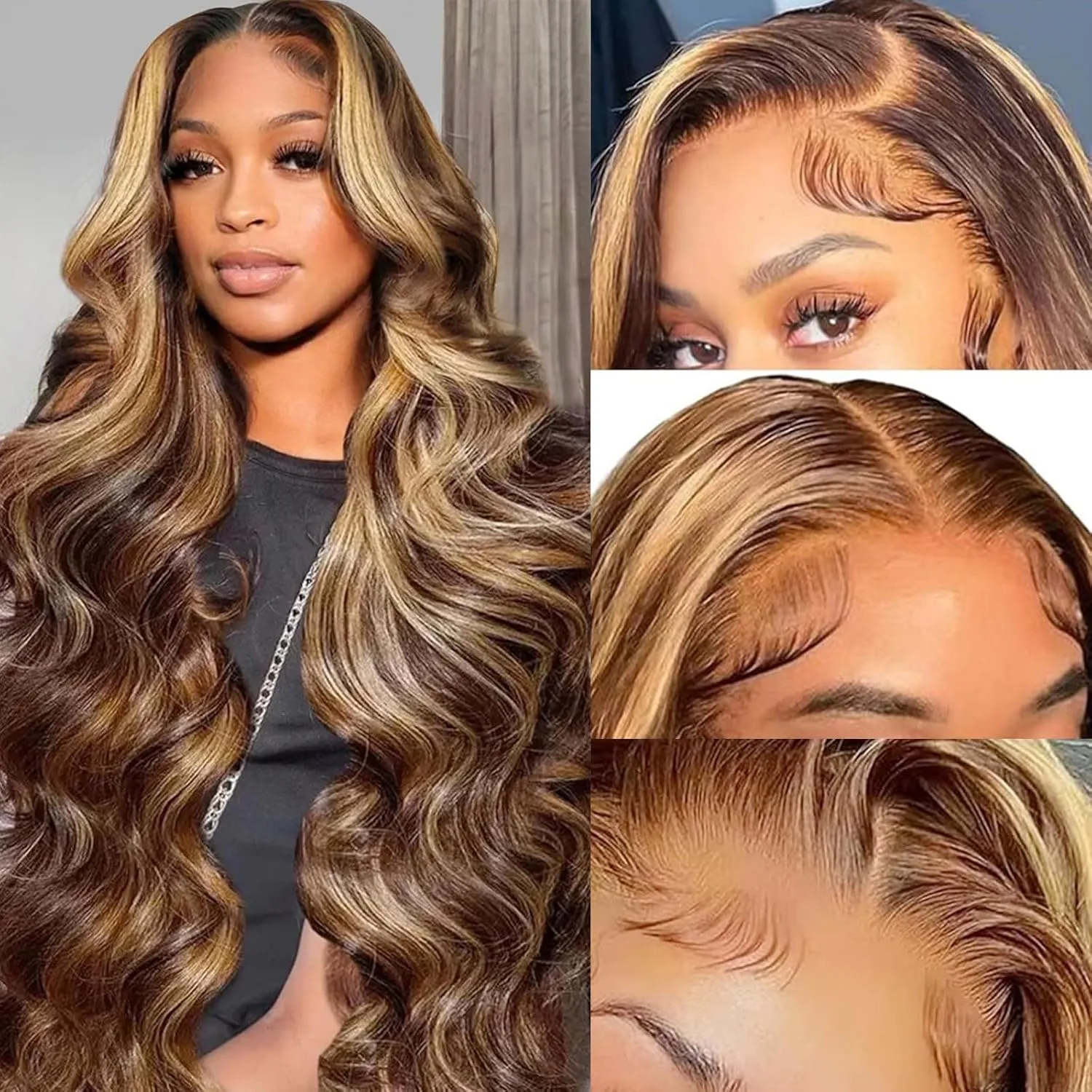 Goldfinch Highlight Ombre Lace Front Wigs Body Wave Human Hair 24 Inch 4/27 Balayage Honey Blonde 13X4 HD Lace Front Human Hair Wigs Pre Plucked with Baby Hair 180% Density Glueless Wigs for Women