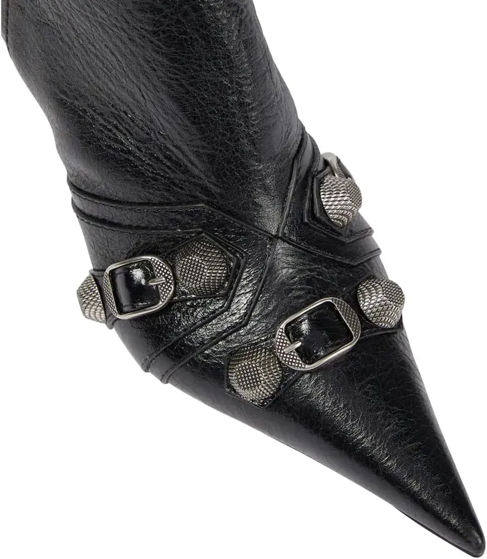 Goolita Women's Pointed Toe Rivet Knee High Boots Stiletto High Heel Punk Style Boot Thin Tassels Buckle Long Bootie