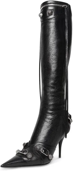 Goolita Women's Pointed Toe Rivet Knee High Boots Stiletto High Heel Punk Style Boot Thin Tassels Buckle Long Bootie