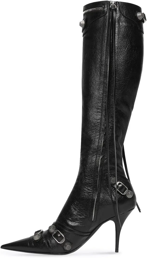 Goolita Women's Pointed Toe Rivet Knee High Boots Stiletto High Heel Punk Style Boot Thin Tassels Buckle Long Bootie