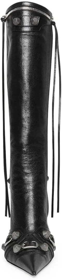 Goolita Women's Pointed Toe Rivet Knee High Boots Stiletto High Heel Punk Style Boot Thin Tassels Buckle Long Bootie