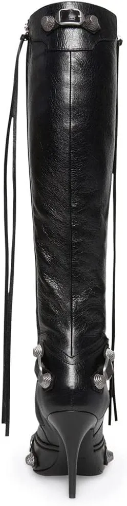 Goolita Women's Pointed Toe Rivet Knee High Boots Stiletto High Heel Punk Style Boot Thin Tassels Buckle Long Bootie