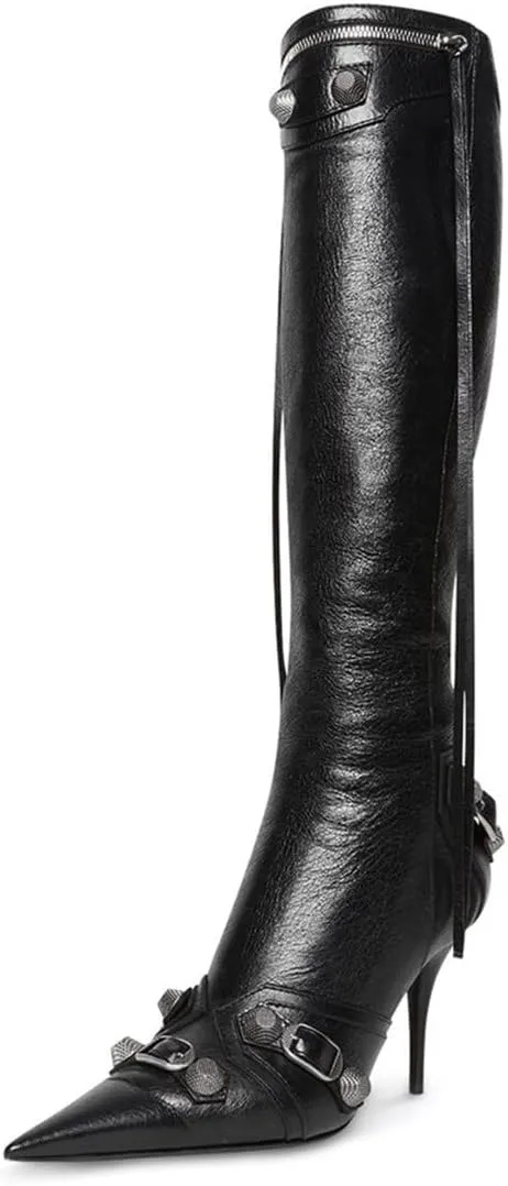 Goolita Women's Pointed Toe Rivet Knee High Boots Stiletto High Heel Punk Style Boot Thin Tassels Buckle Long Bootie