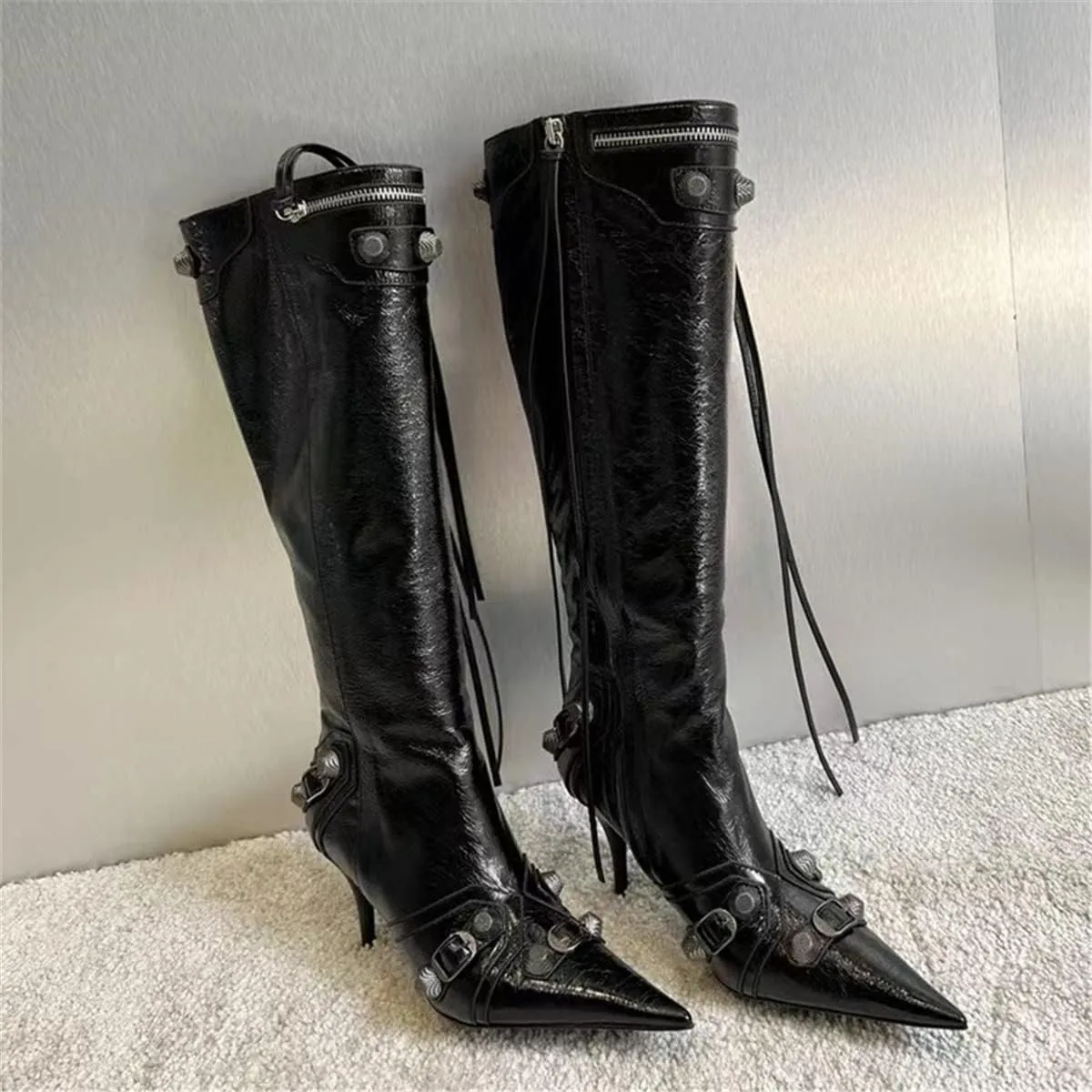Goolita Women's Pointed Toe Rivet Knee High Boots Stiletto High Heel Punk Style Boot Thin Tassels Buckle Long Bootie